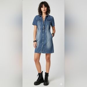 hope and harlow denim dress NWT! HOPE & HARLOW Dark Stretch Denim Snap Down Shirt Dress Sz 10 $118